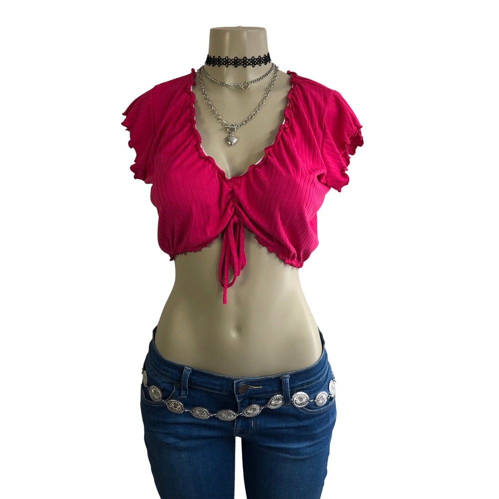 Vintage Y2K Hot Pink Ribbed Cinch Front Lettuce Edge Crop Top USA Made Womens XL